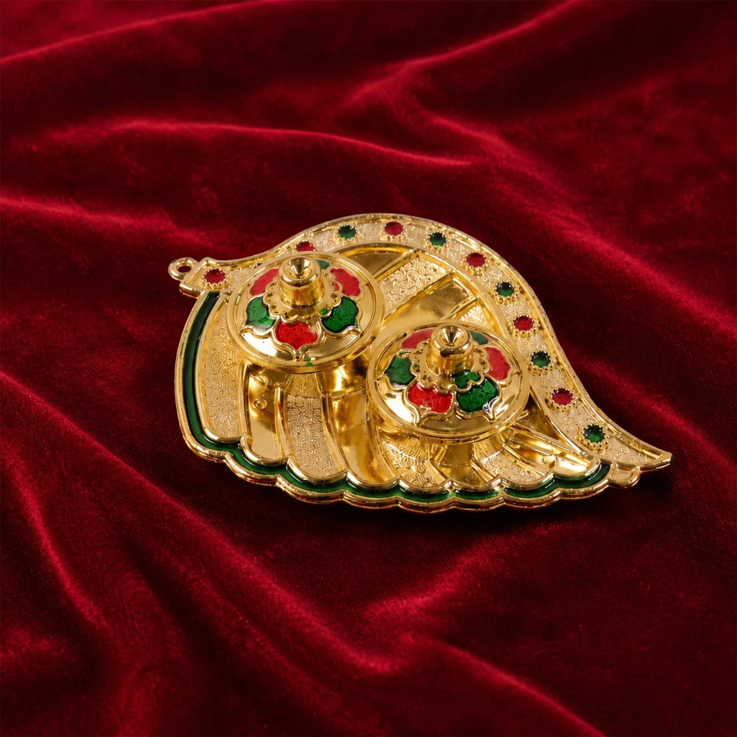 Shankh Shaped Kankavati Kumkum Holder, Decorative Golden Roli Chawal Box with Lidded Containers for Puja, Tilak, Home Temple and Festive Rituals (1 Pc)