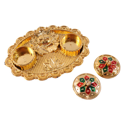 Ganesh Meenakari Kumkum Holder Golden Metal Oval Kankavati with Double Compartments for Kumkum Haldi Roli Chandan and Akshat (1 Pc)