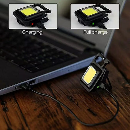 Rechargeable Keychain Mini Flashlight 800 Lumens COB Pocket Light with Magnet Base, Bottle Opener and Folding Stand for Camping and Emergency Use
