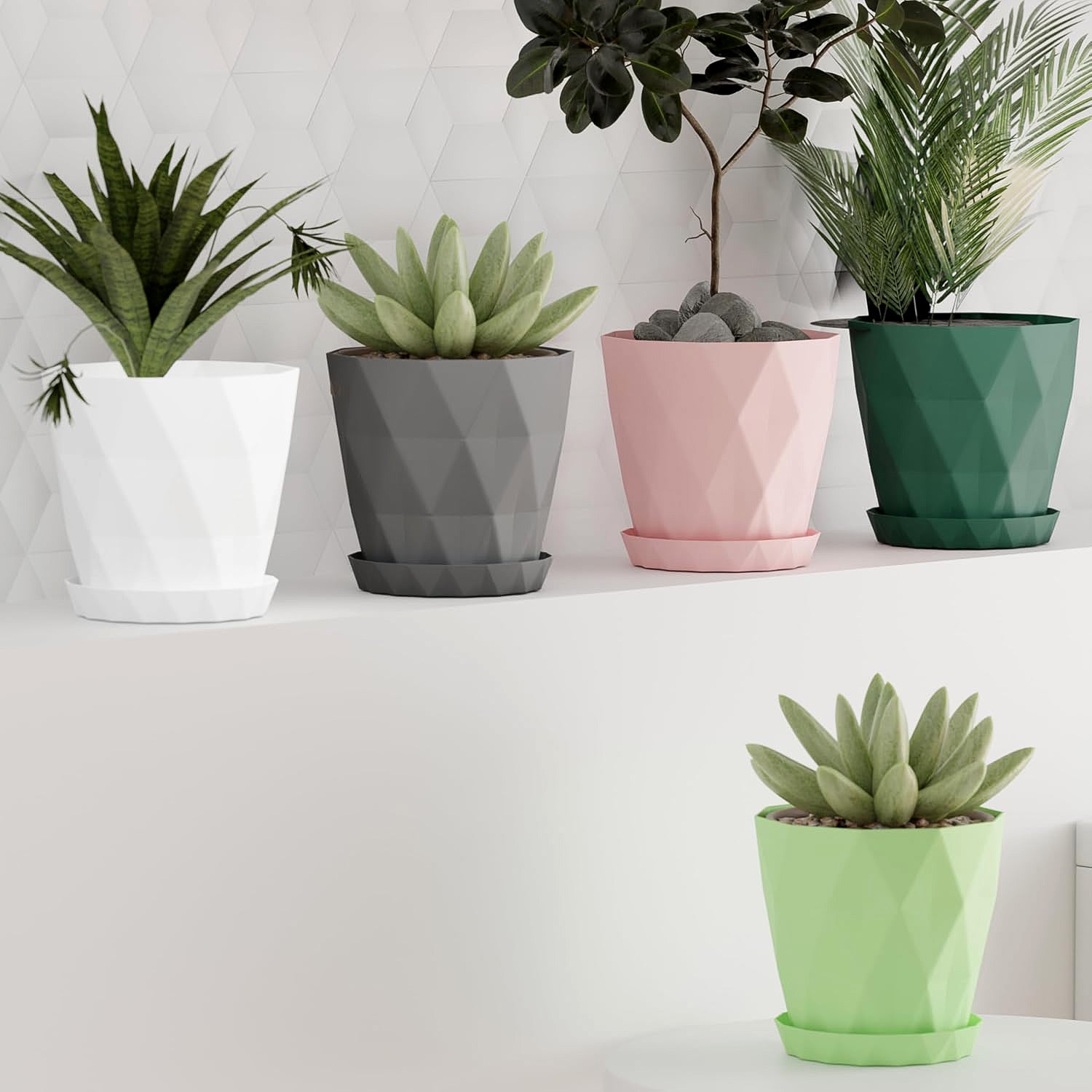 Diamond Design Plastic Flower Pot Set with Drain Tray – Decorative Multipurpose Plant Pots for Indoor and Outdoor Gardening (5 Pc Set)