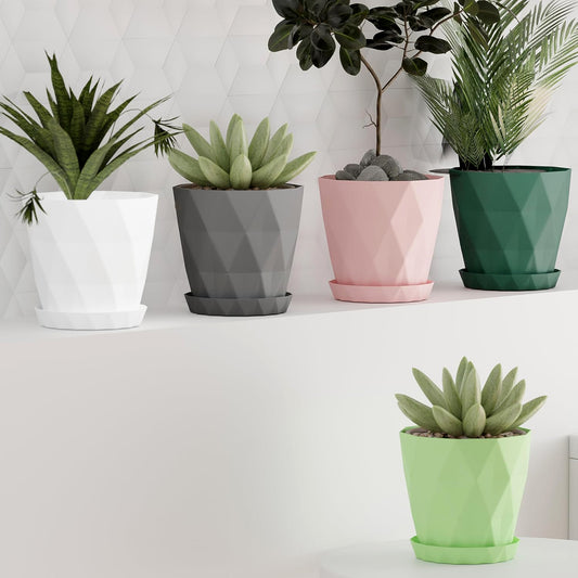 Diamond Design Plastic Flower Pot Set with Drain Tray – Decorative Multipurpose Plant Pots for Indoor and Outdoor Gardening (5 Pc Set)