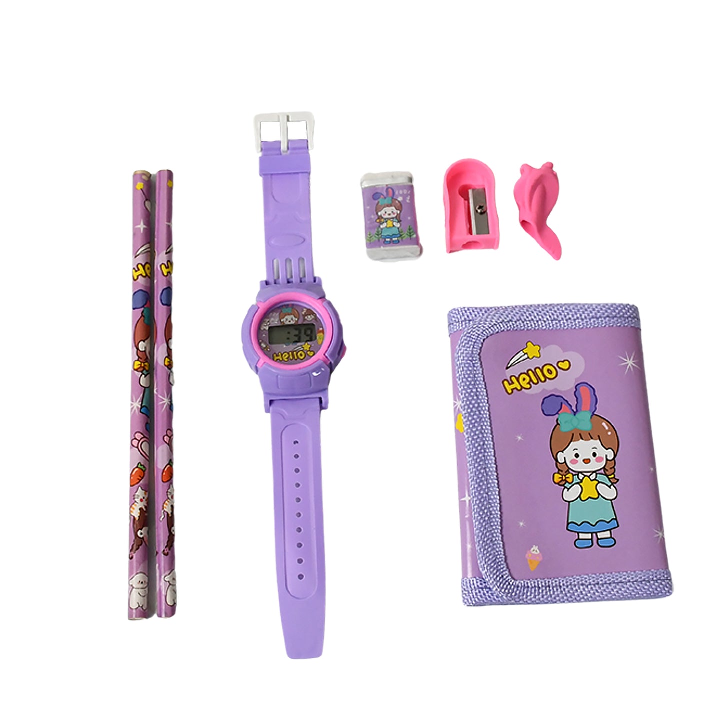 17526 Stationery Set For Girls And Boys Kids Return Gift - 7 In 1 School Items For Kids-pencils Eraser Sharpener Pouch Pencil Extender Birthday Gift Idea Stationary Kit Set For School Kids (Pack Of 7 Pcs Set)