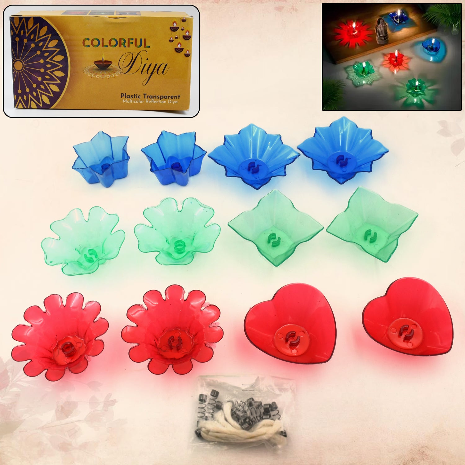 Magical Reflection Diya Set with 6 Attractive Designs – Decorative Tea Light Candle Holders Set of 12 Pieces