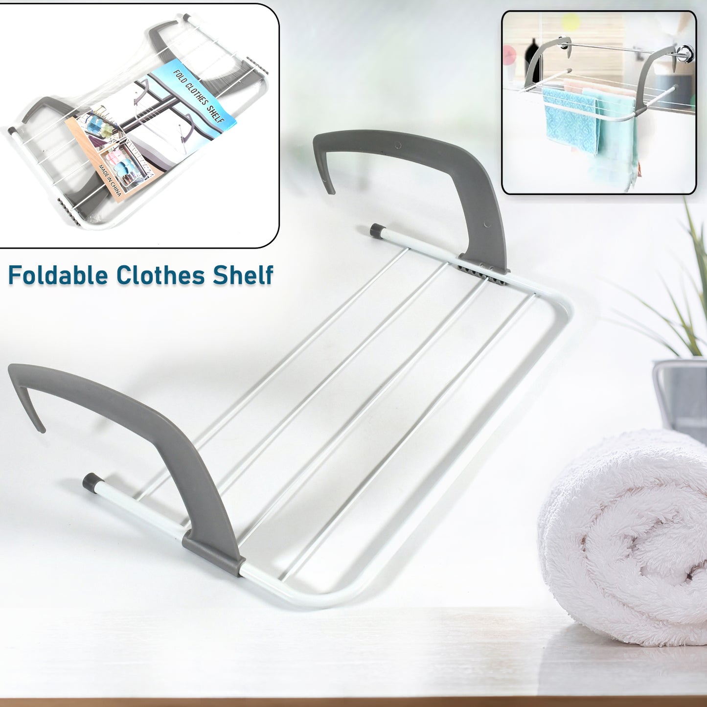 Metal Steel Folding Balcony Clothes Drying Rack Hanging Laundry Hanger with 5 Bars Foldable Towel Socks Clothes Drying Stand for Balcony Bathroom Door and Window (1 Pc)
