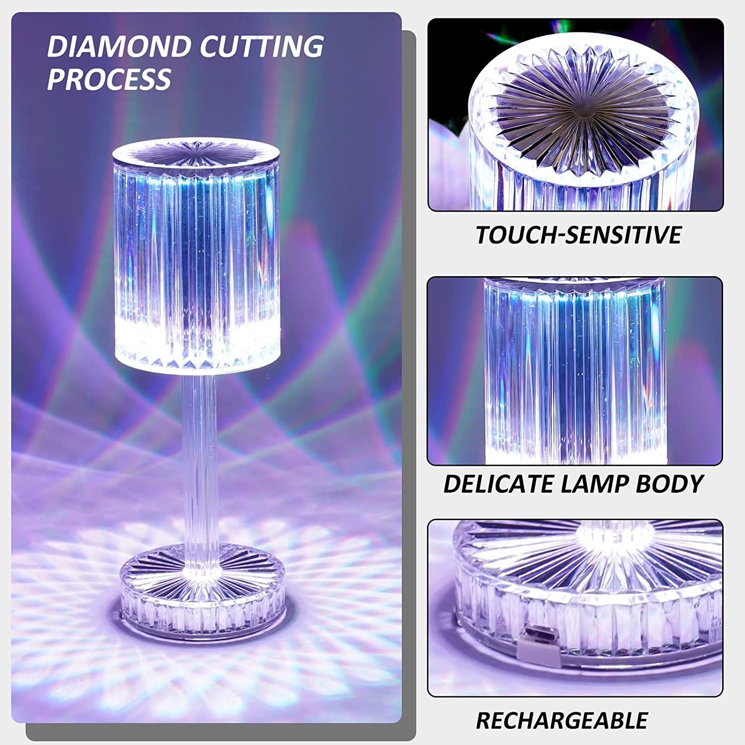 Crystal Table Lamp with Touch Control and USB Charging – Rechargeable RGB LED Atmosphere Nightstand Lamp for Bedroom, Living Room and Home Decor