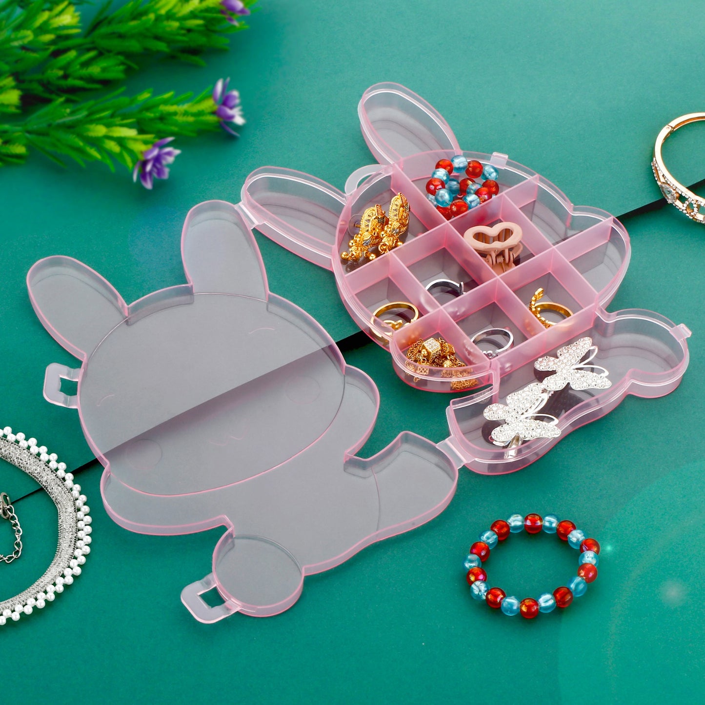 Transparent Cartoon Bear Jewelry Storage Box Clear Plastic Organizer for Earrings, Rings, Accessories and Small Items (1 Pc Random Color)
