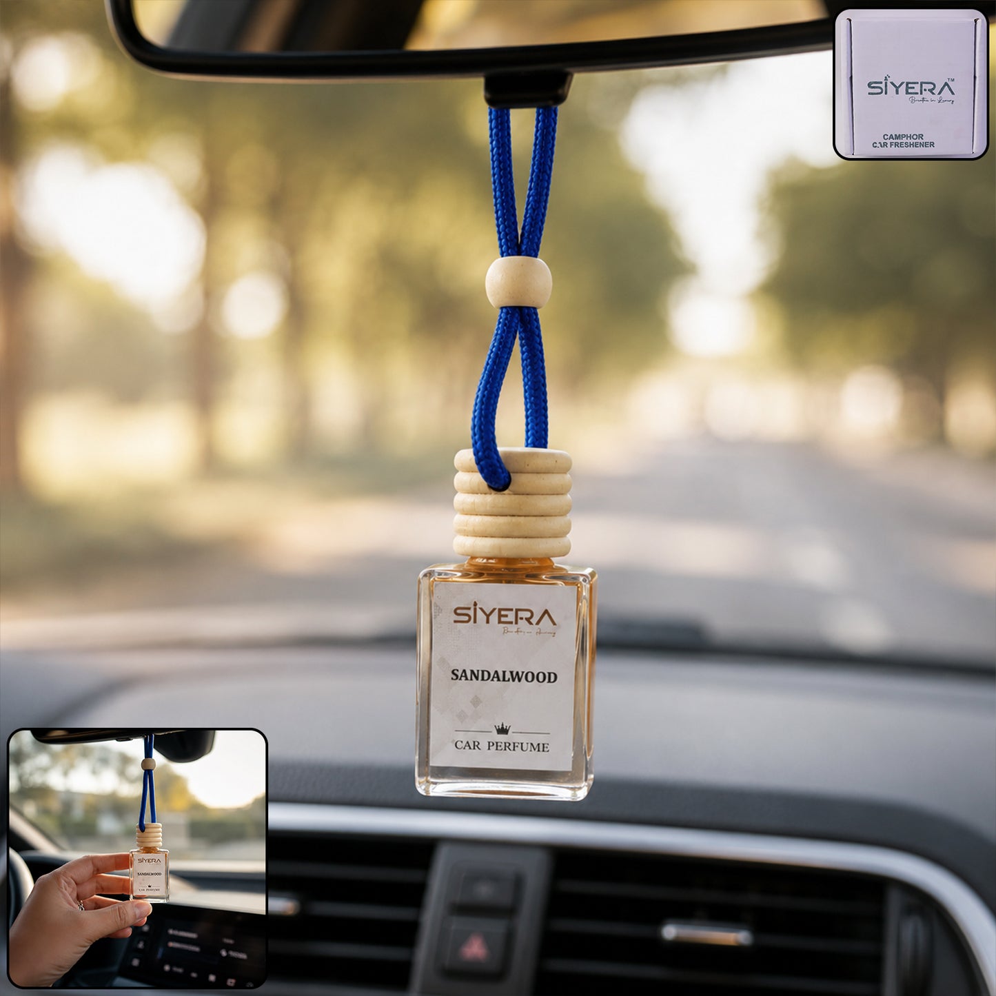 Sandalwood Hanging Car Perfume with Natural Wooden Cap Long Lasting Car Air Freshener and Fragrance Diffuser for Car, SUV and Indoor Spaces (1 Pc)