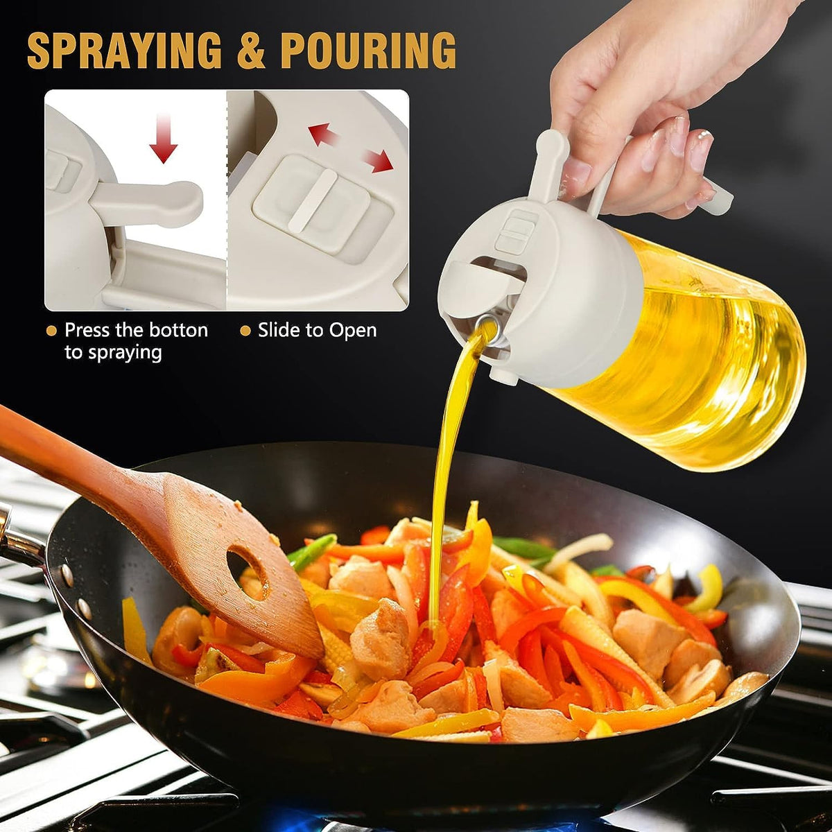 2-in-1 Glass Oil Dispenser Bottle 500 ml with Pour and Spray Function, Transparent Cooking Oil Sprayer with Handle for Kitchen, Salad Dressing, Frying and Food Preparation (1 Pc)
