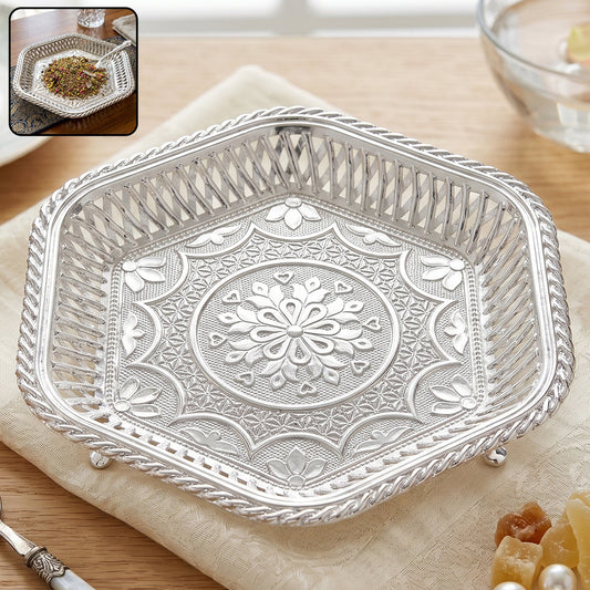 Decorative Silver Serving Tray with Embossed Floral Design for Dry Fruits, Sweets and Festive Serving