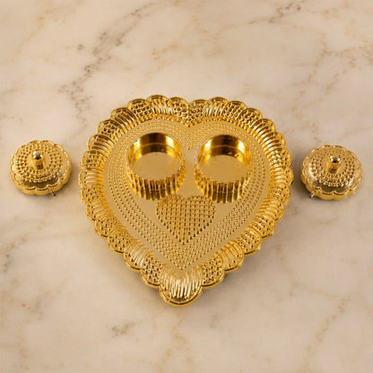 Heart Shaped Kankavati Kumkum Holder, Decorative Golden Roli Chawal Box with Lidded Containers for Puja, Tilak, Home Temple and Festive Rituals (1 Pc)
