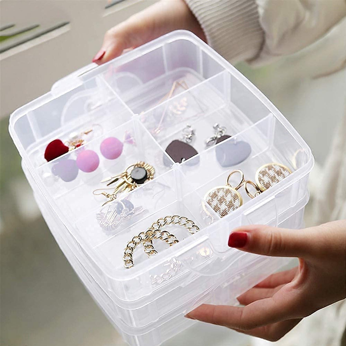 3 Tier Transparent Stackable Craft Storage Box | 18 Adjustable Compartments Plastic Organizer for Jewellery, Beads, Makeup, Nail Art, Sewing Accessories and DIY Supplies
