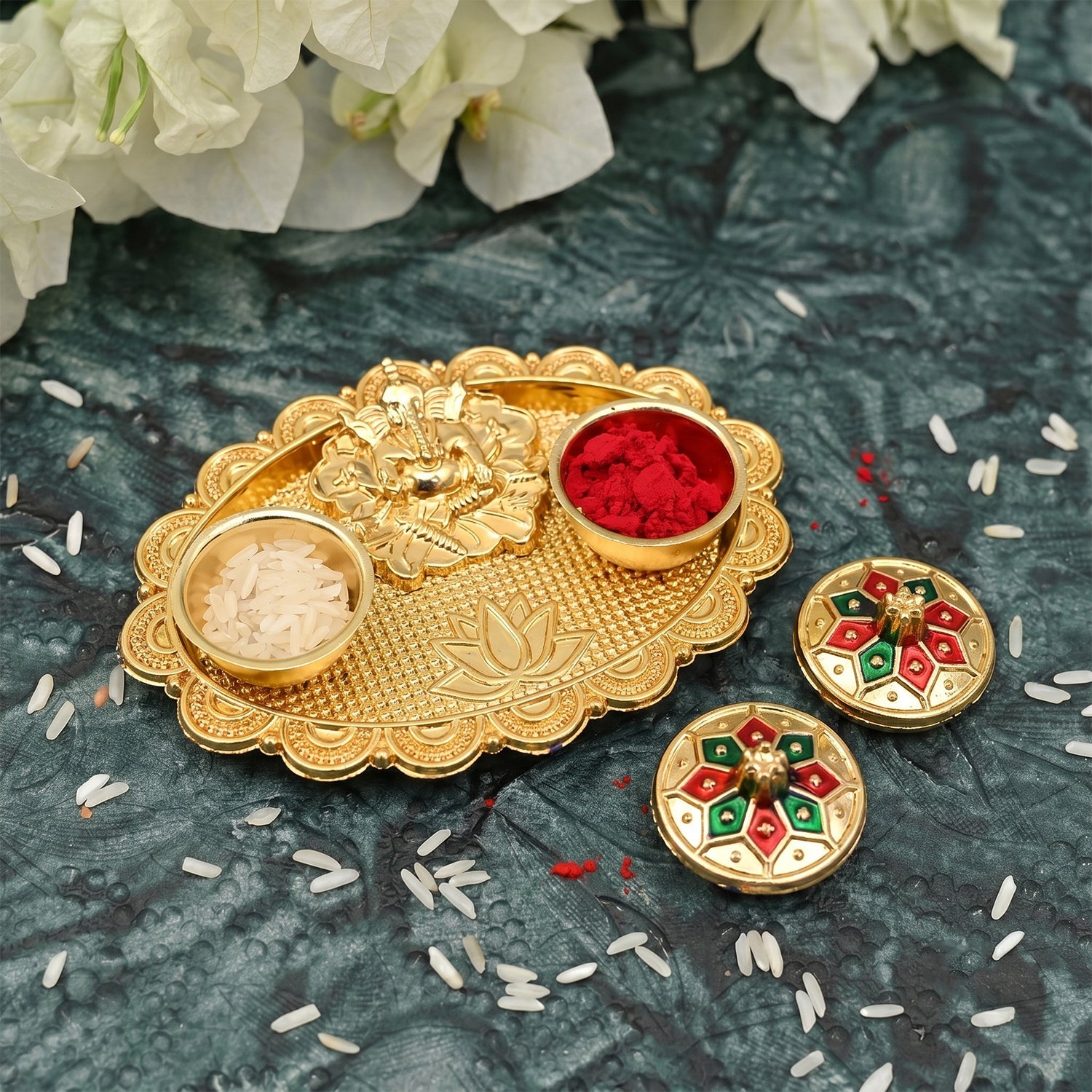 Ganesh Meenakari Kumkum Holder Golden Metal Oval Kankavati with Double Compartments for Kumkum Haldi Roli Chandan and Akshat (1 Pc)