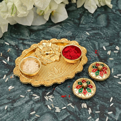 Ganesh Meenakari Kumkum Holder Golden Metal Oval Kankavati with Double Compartments for Kumkum Haldi Roli Chandan and Akshat (1 Pc)