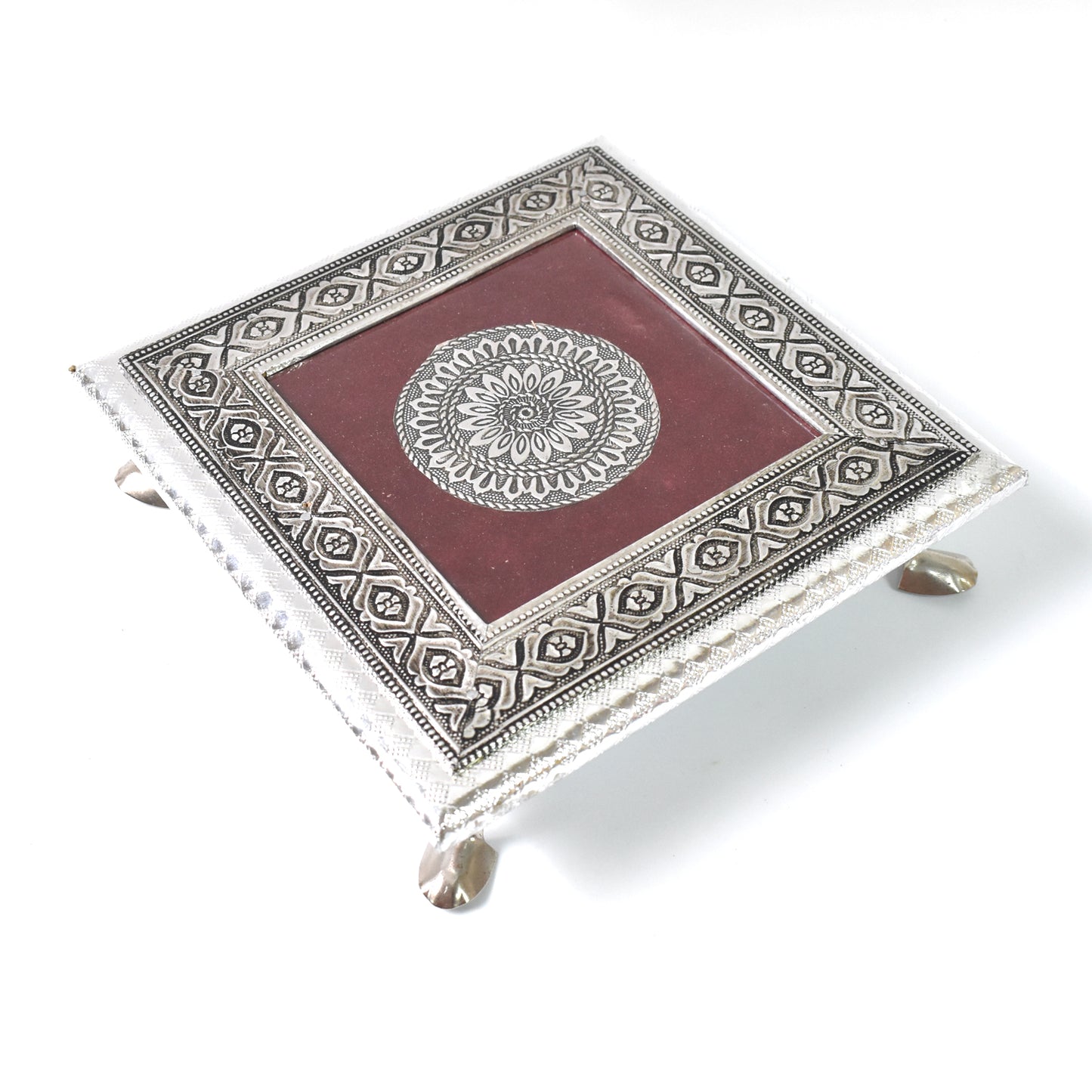 Silver Square Wooden Pooja Chowki Patla Bajot for Home Temple, Office Temple, Festivals and Religious Ceremonies 20 × 20 cm (1 Pc)