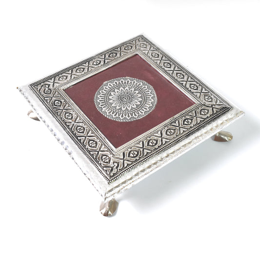 Silver Square Wooden Pooja Chowki Patla Bajot for Home Temple, Office Temple, Festivals and Religious Ceremonies 20 × 20 cm (1 Pc)