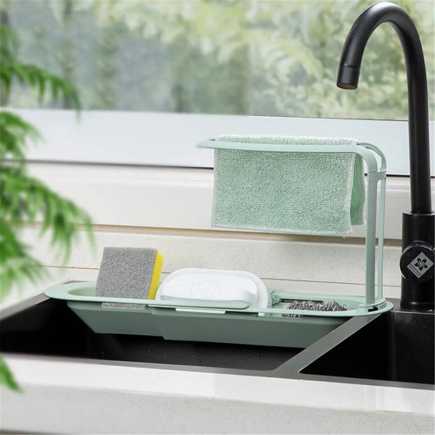Plastic Telescopic Sink Storage Rack – Adjustable Kitchen Organizer for Sponges, Towels and Cleaning Supplies