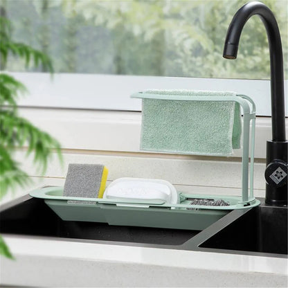 Plastic Telescopic Sink Storage Rack – Adjustable Kitchen Organizer for Sponges, Towels and Cleaning Supplies