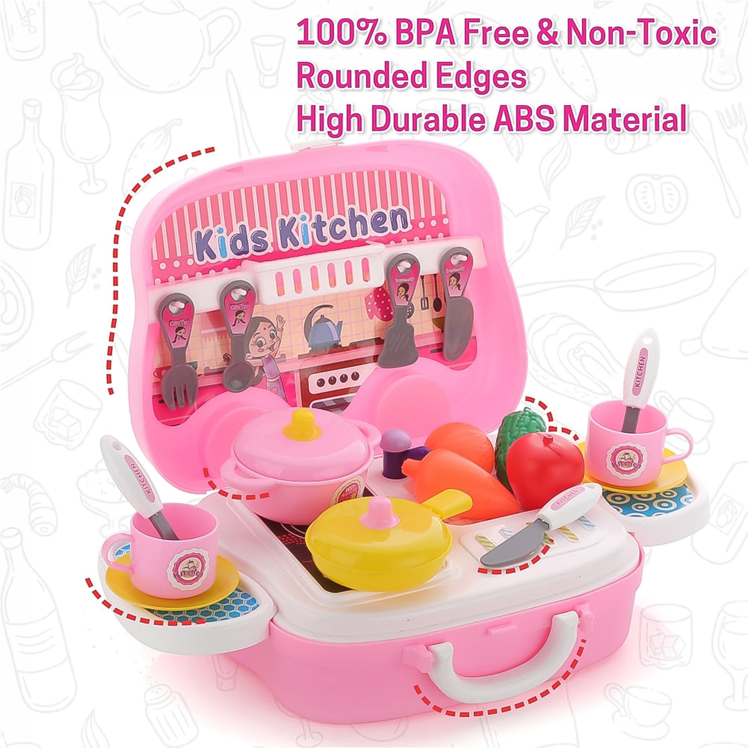 Kids Pretend Play Kitchen Set with Portable Suitcase 23 Pcs Cooking Role Play Toy Set for Kids Pack of 1