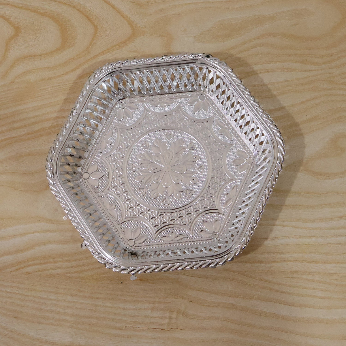 Decorative Silver Serving Tray with Embossed Floral Design for Dry Fruits, Sweets and Festive Serving