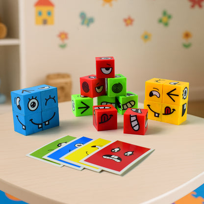Educational Face Expression Changing Puzzle Cube Toy Set – Creative Emotional Intelligence Development Game with Activity Cards – Learning Puzzle for Kids Age 3+ (1 Set)