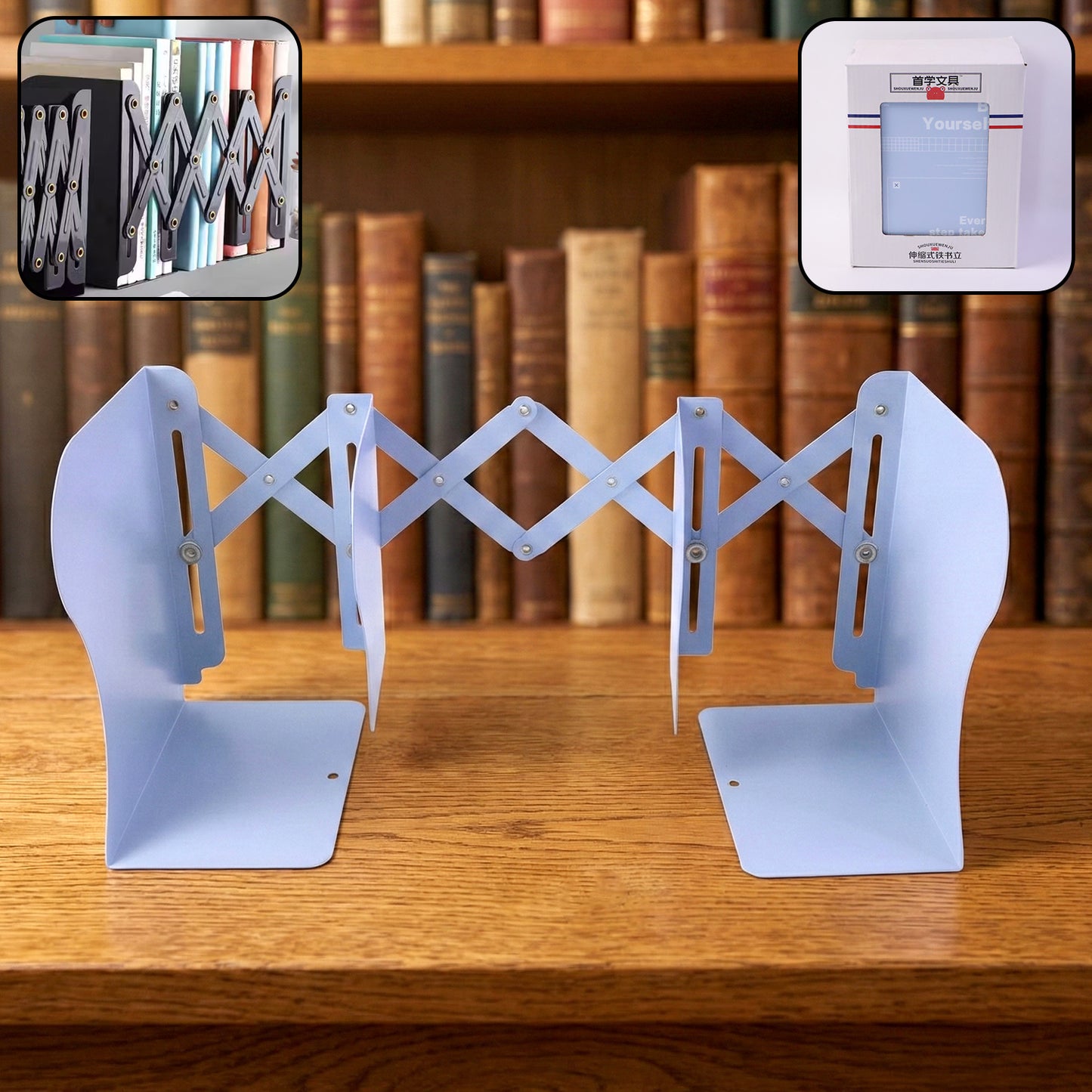 Adjustable Expandable Book Organizer Stand with Folding Scissor Design Heavy Duty Book Holder for Study Table Office Desk Home Library and Shelf Organization (1 Pc)
