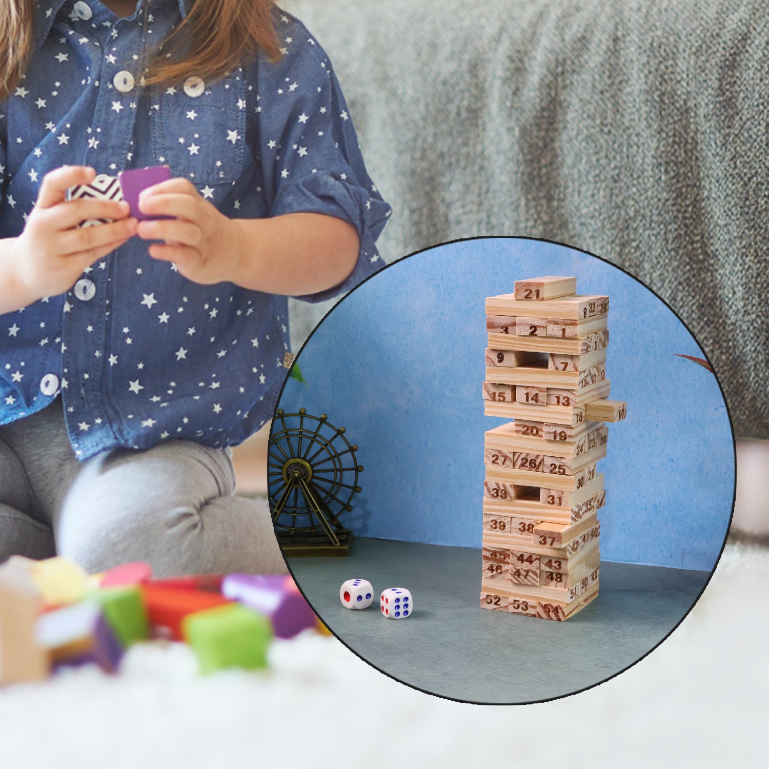 Wooden Tumbling Tower Game - 54 Numbered Blocks with 2 Dice – Classic Family Tabletop Stacking Game (Kids & Adults)