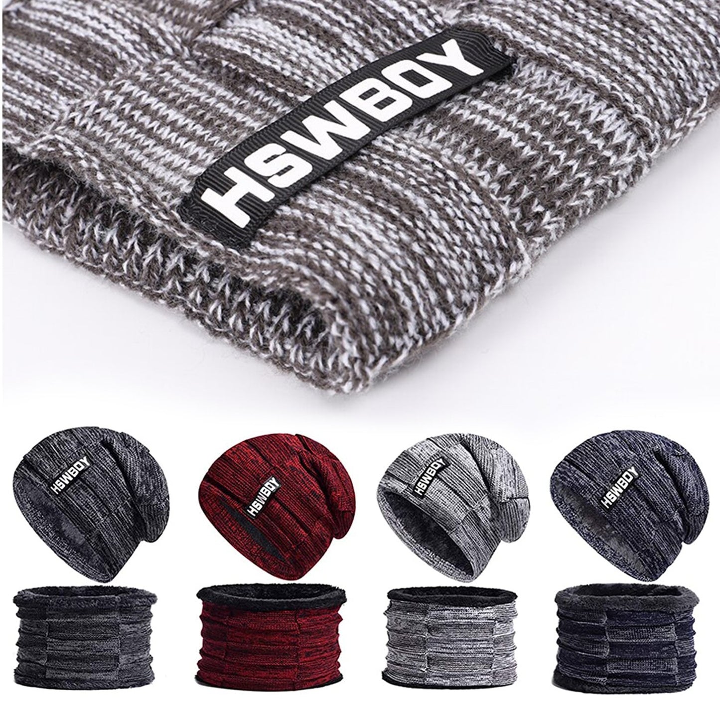 Ultra Soft Unisex Woollen Beanie Cap and Muffler Scarf Set Winter Thermal Knit Cap with Warm Fleece Lining