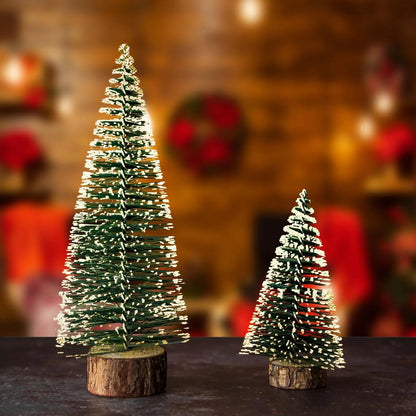 Mini Artificial Christmas Tree with Snow Effect – Small Green Fir Tree with Wooden Base – 1 Pc