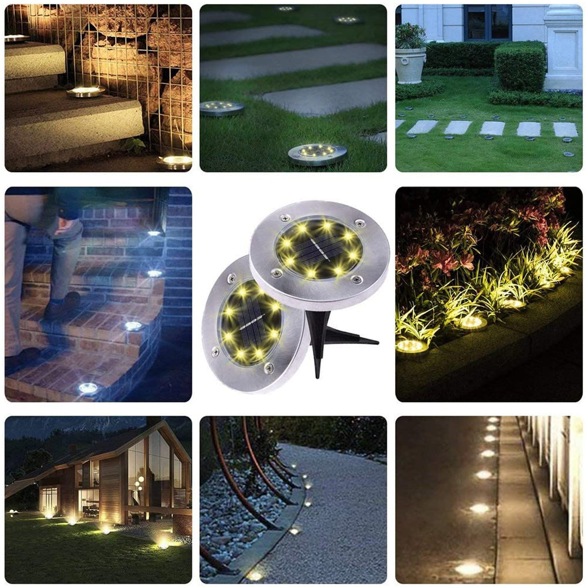 Solar Powered LED Garden Lights Set of 4, Stainless Steel Outdoor Waterproof Ground Spike Lights for Garden, Lawn, Pathway, Patio, Driveway and Landscape Decoration