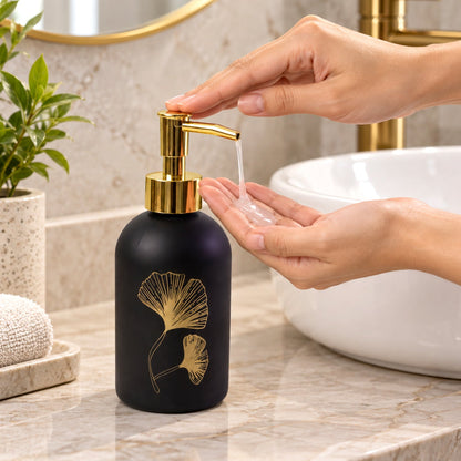 Manual Liquid Soap Dispenser with Decorative Leaf Design, Refillable Hand Wash Bottle with Press Pump for Bathroom, Kitchen Sink and Washbasin (1 Pc)