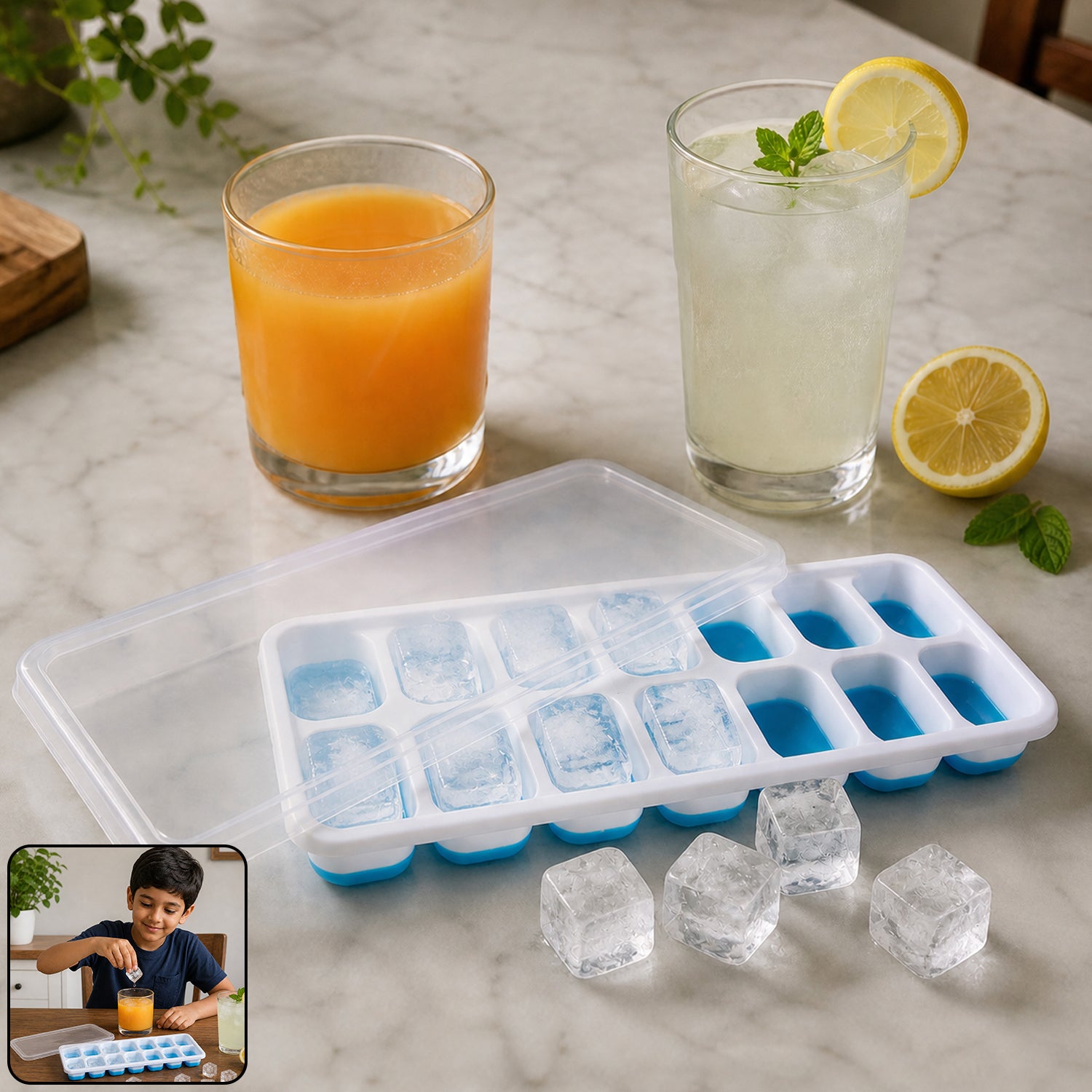 Multipurpose Plastic Ice Cube Tray with Lid, 14 Grid Easy Release Ice Maker Tray for Freezer, Chocolate, Jelly, Frozen Treats and Beverage Cooling (1 Pc)
