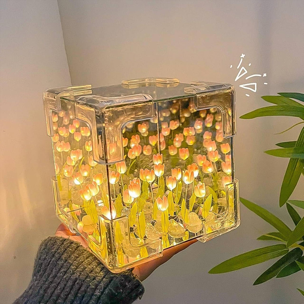Cube Tulip Night Lamp | 2-in-1 Mirror & LED Decorative Table Lamp (Multicolor) Mirror by day. Magical tulip garden by night.