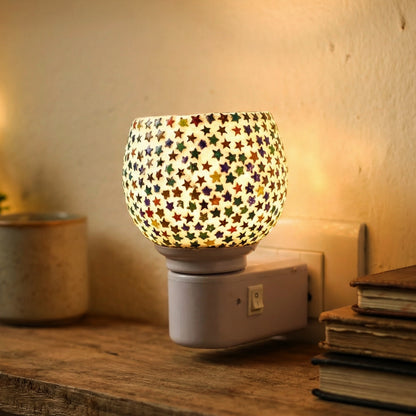 Decorative Star Pattern Mosaic Glass Plug In Night Lamp with On Off Switch Warm Ambient LED Light for Bedroom Living Room Hallway and Home Decor 1 Piece