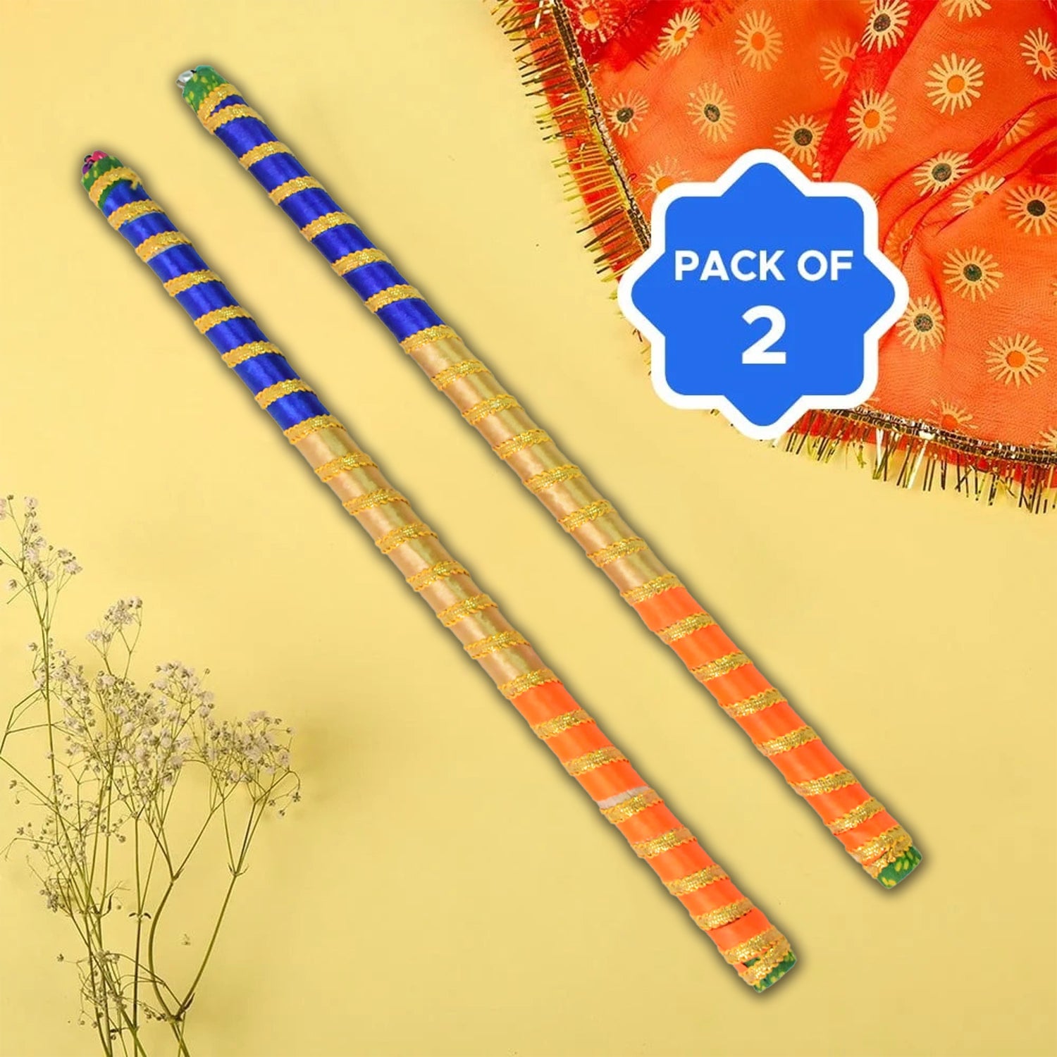 Traditional Decorative Dandiya Sticks Pair for Navratri and Garba – Colorful Wooden Dandiya Rods with Festive Wrapping (2 Pieces)