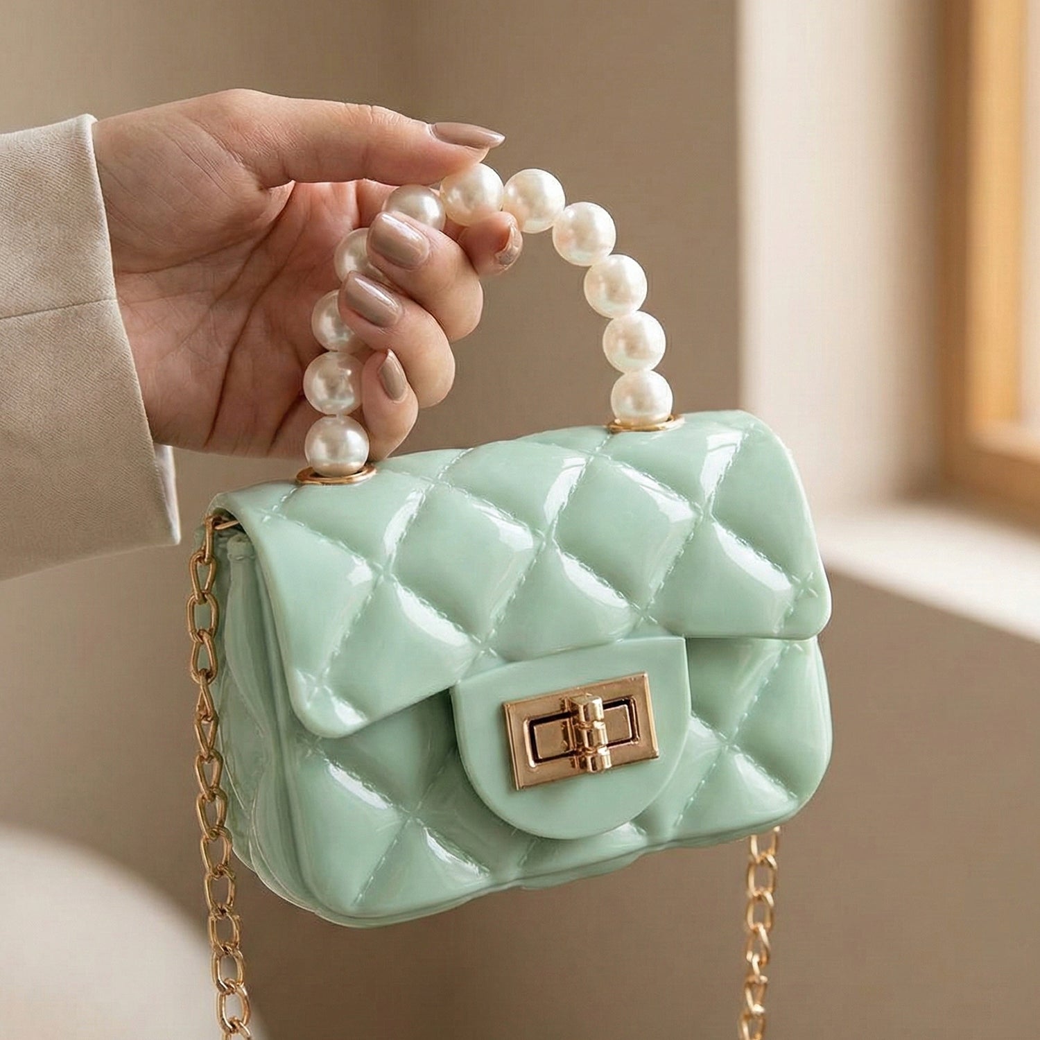 Elegant Quilted Mini Handheld &; Sling Fashion Handbag with Pearl Handle and Chain Strap – Stylish Compact Bag for Daily Wear & Special Occasions (1 pc)