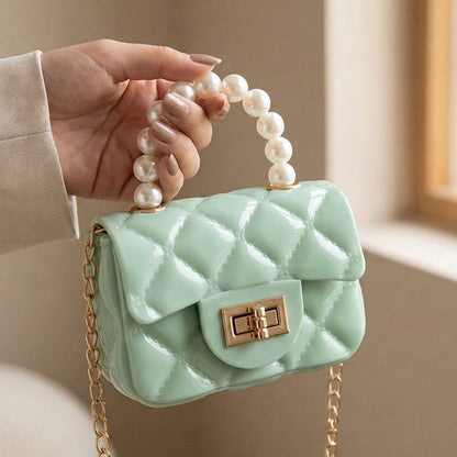 Elegant Quilted Mini Handheld &; Sling Fashion Handbag with Pearl Handle and Chain Strap – Stylish Compact Bag for Daily Wear & Special Occasions (1 pc)
