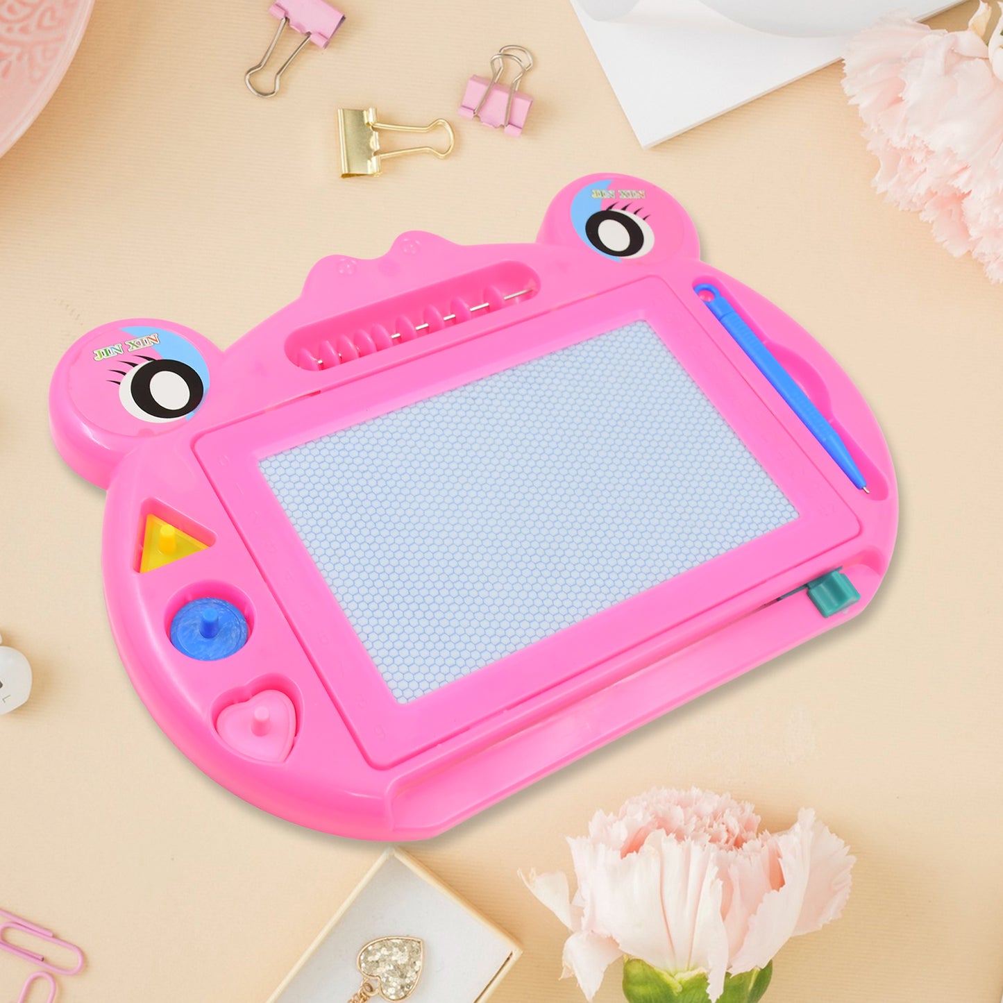 Frog Magic Sketch Slate and Drawing Board for Kids – Educational Erasable Writing Tablet with Pen and Shape Stencils (28 × 20 cm)