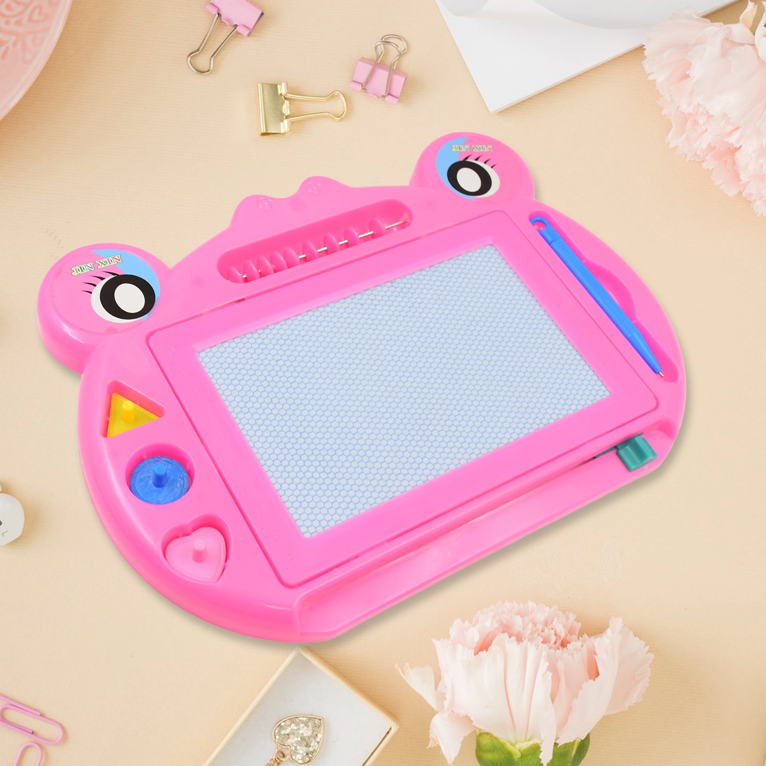 Frog Magic Sketch Slate and Drawing Board for Kids – Educational Erasable Writing Tablet with Pen and Shape Stencils (28 × 20 cm)