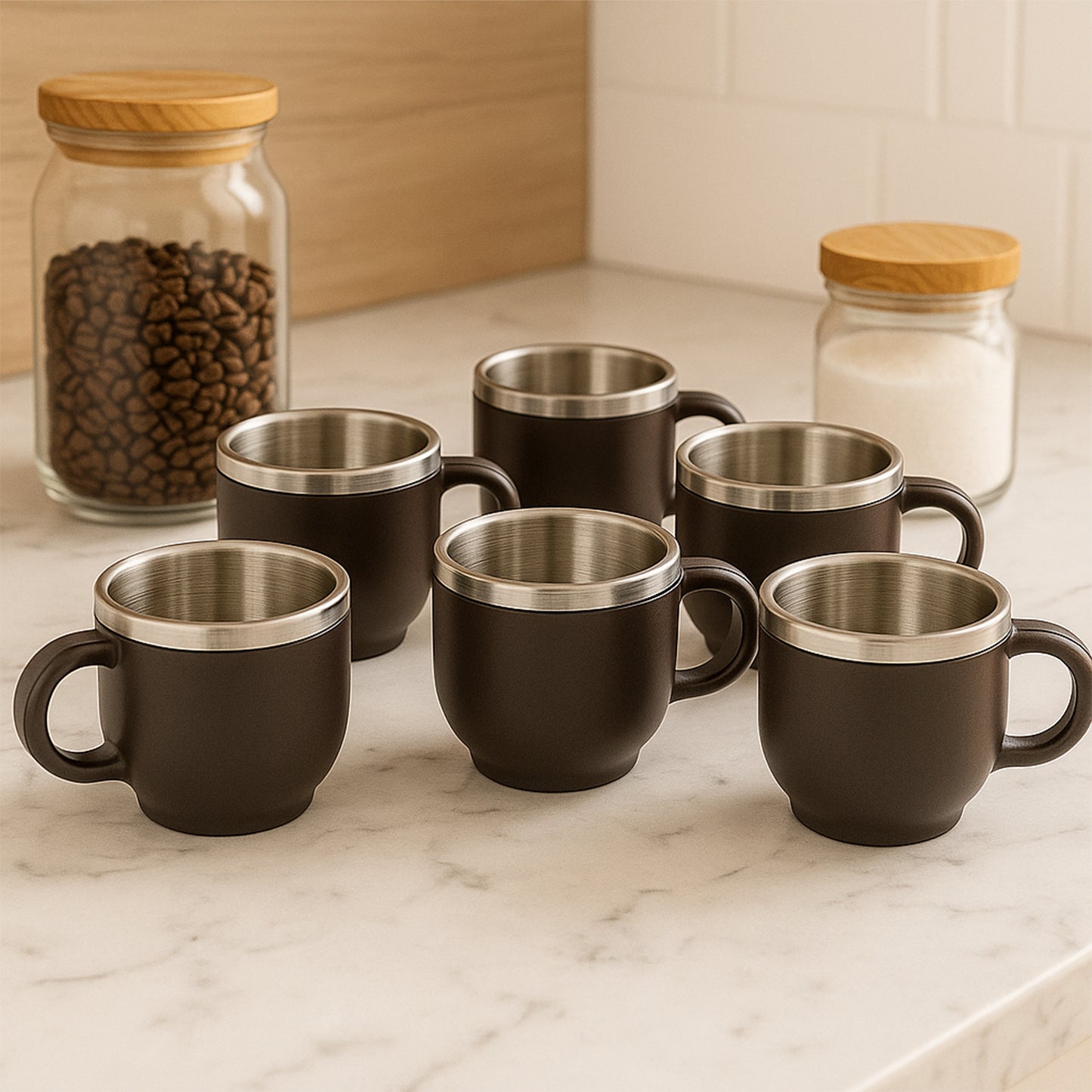 Apex Premium Double Wall Stainless Steel Cappuccino Mug Gift Set – 100 ML Insulated Coffee and Tea Cups with Handle – Set of 6 Brown Finish