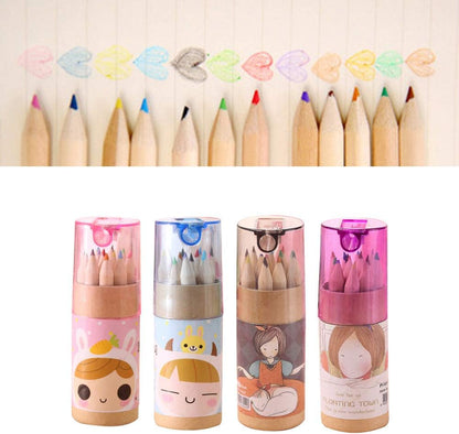12 Colouring Pencils Kids Set with Built-in Sharpener | Kawaii 3-in-1 Pencil Holder (1 Set) Mini Drawing Colored Pencils