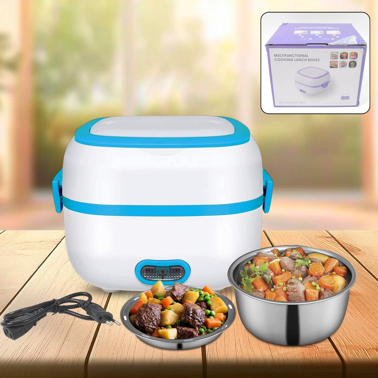 Electric Lunch Box 3 in 1 Food Heater Cooker and Steamer with Stainless Steel Bowls, Egg Steaming Tray, Spoon and Measuring Cup for Office, School and Travel (1 Set)
