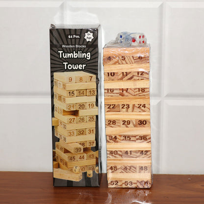 Wooden Tumbling Tower Game - 54 Numbered Blocks with 2 Dice – Classic Family Tabletop Stacking Game (Kids & Adults)