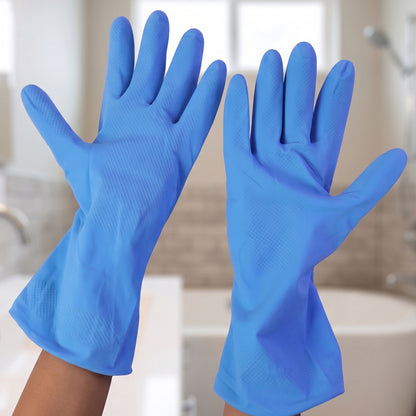 Large Victor Blue Rubber Cleaning Gloves for Dishwashing and Household Cleaning, Reusable Waterproof Gloves for Kitchen, Bathroom and Daily Chores (1 Pair)