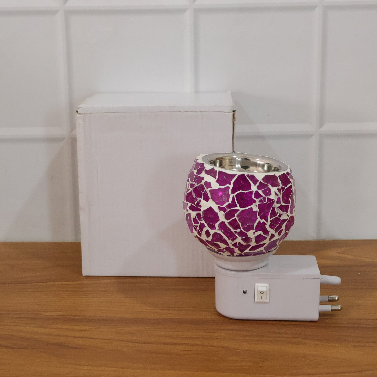 Premium Plug In Mosaic Glass Aroma Diffuser Night Lamp with Purple Crackle Globe Electric Fragrance Oil Burner for Home Bedroom Living Room