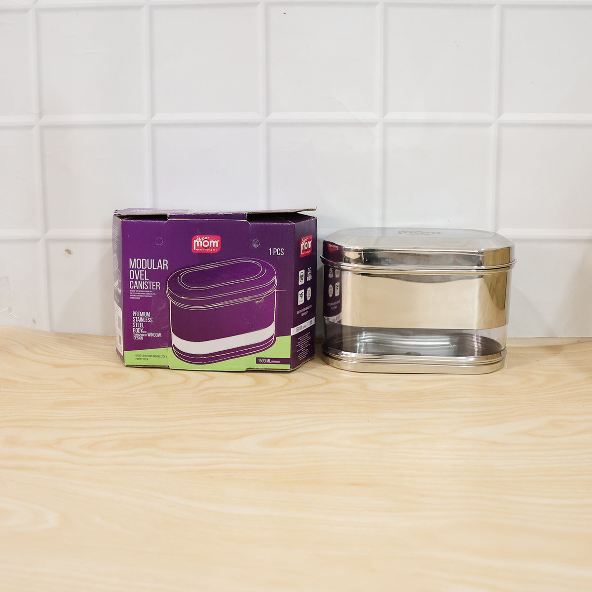 Supermom Modular Oval Stainless Steel Kitchen Storage Canister 1500 ML, Airtight Food Storage Container with Transparent Window for Tea, Coffee, Sugar and Pantry Organization