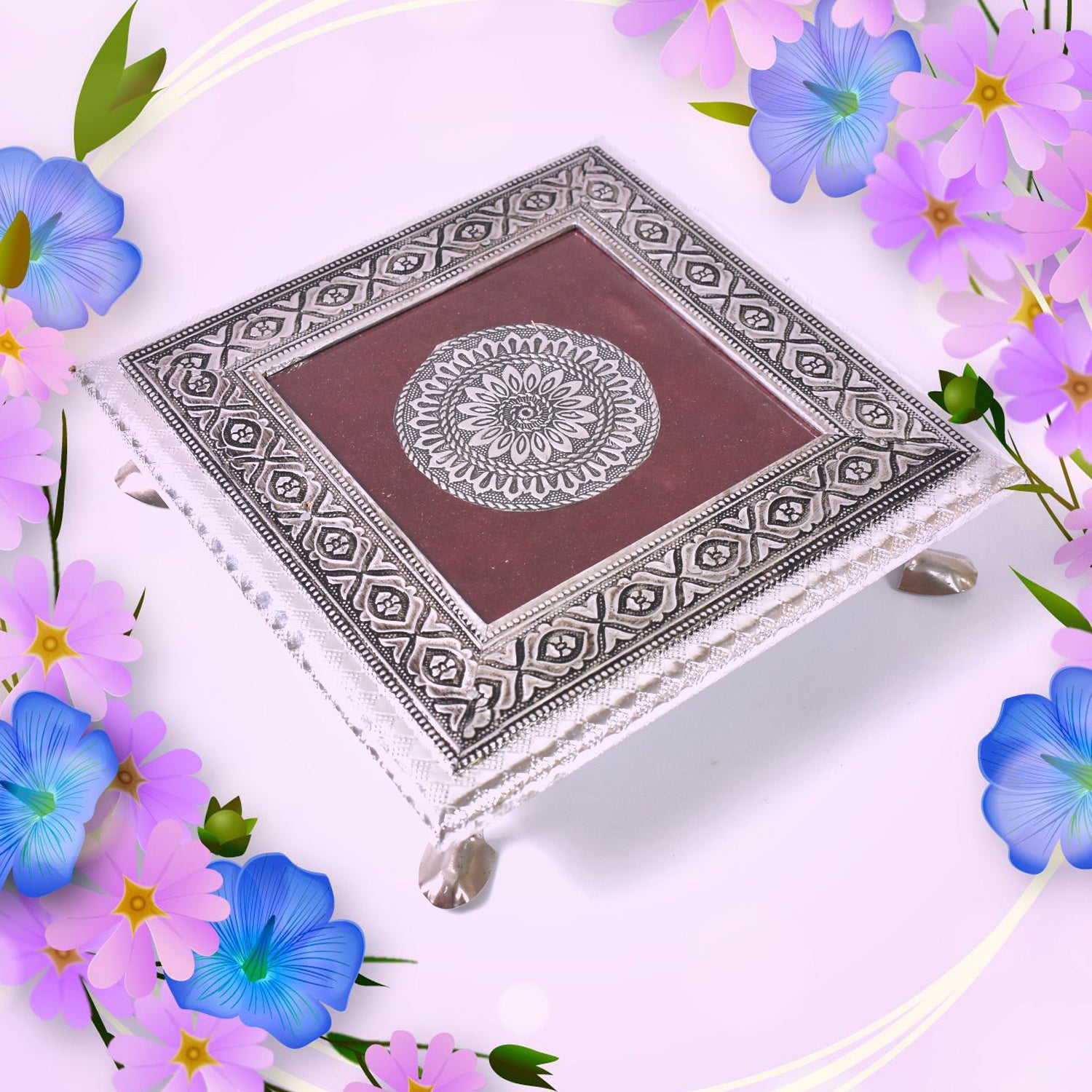 Silver Square Wooden Pooja Chowki Patla Bajot for Home Temple, Office Temple, Festivals and Religious Ceremonies 20 × 20 cm (1 Pc)