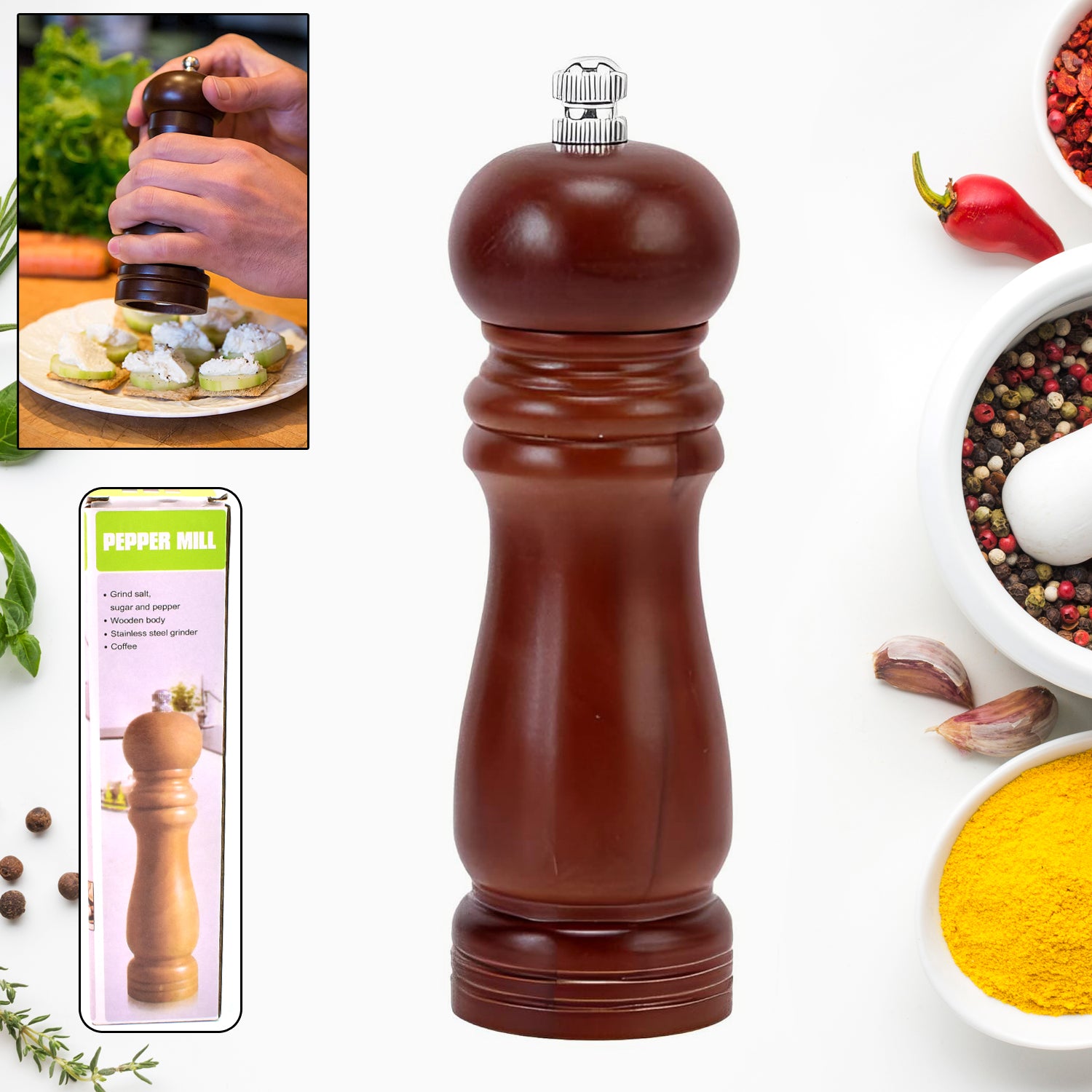 Wooden Pepper Mill Grinder 8 Inch Refillable Salt and Pepper Grinder with Adjustable Ceramic Rotor Solid Wood Spice Mill for Kitchen Pack of 1