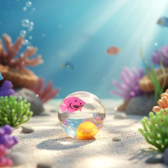 Light-Up Bouncy Fish Ball LED Flashing Sensory Toy with Floating Fish Figurine and Confetti for Kids Party Favors and Stress Relief