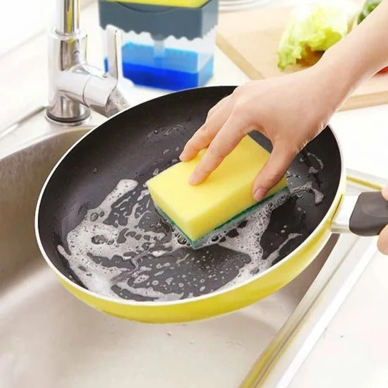 2 in 1 Liquid Soap Dispenser with Sponge Holder | Countertop Dish Soap Pump Dispenser for Kitchen Sink, Bathroom and Cleaning Accessories