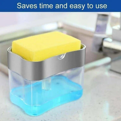 2 in 1 Liquid Soap Dispenser with Sponge Holder | Countertop Dish Soap Pump Dispenser for Kitchen Sink, Bathroom and Cleaning Accessories